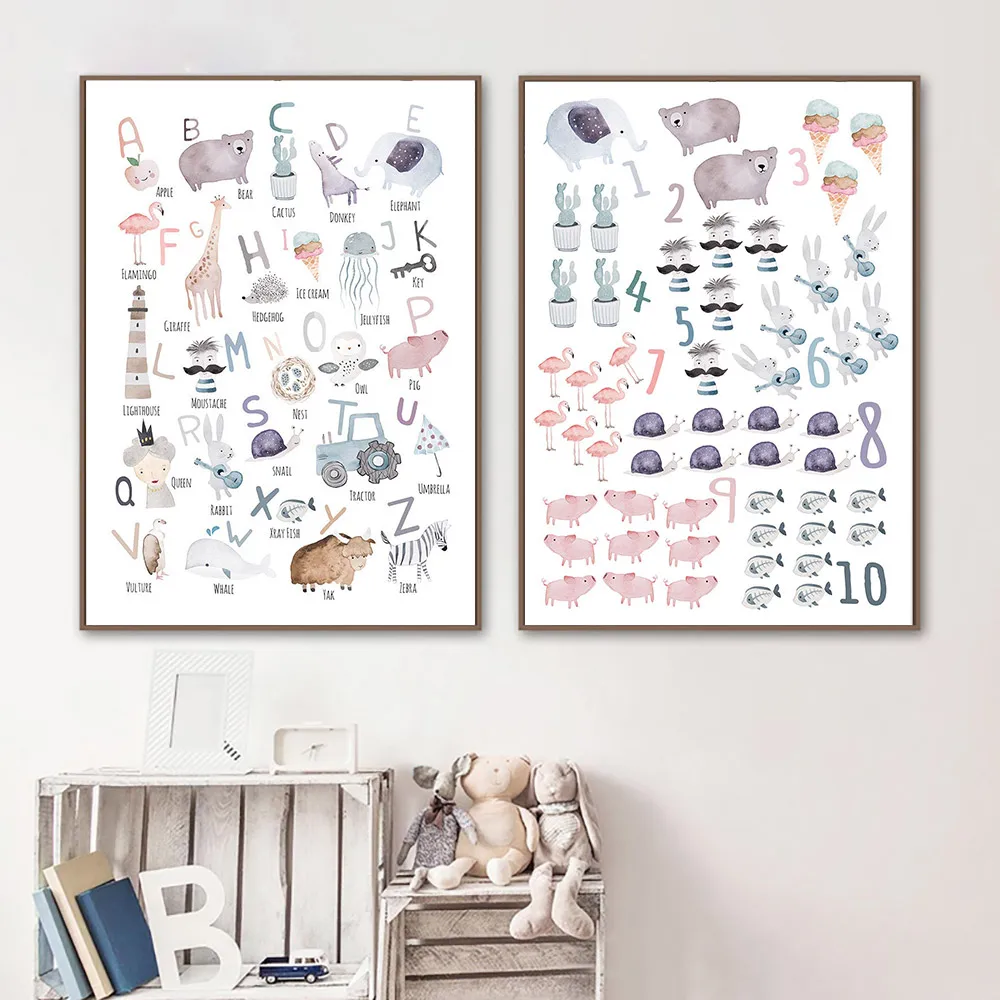 Алфавит цифра учебный плакат прозвище холст печать детская стены Искусство