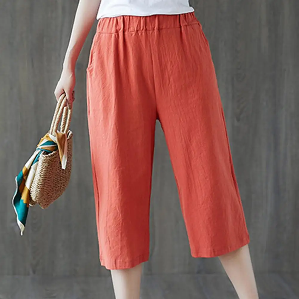 

Summer Women Elastic Loose Wide Leg Straight Solid Color Capri Pants Trousers