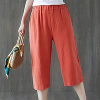 summer women elastic loose wide leg straight solid color capri pants trousers