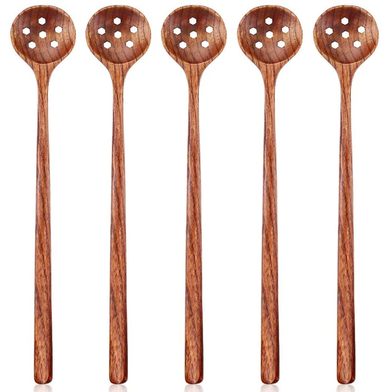 

Деревянные ложки с длинными ручками, 5 круглых деревянных ложек 10,9 дюйма с длинными ручками, для приготовления пищи и перемешивания, в Корей...