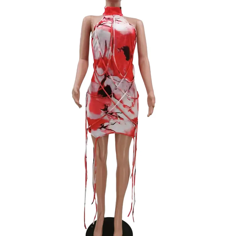 

Fashion Female Summer Plus Size New Casual Printing Zipper Round Neck Sexy Slim Personality Rope Decoration Club Party Dress 202
