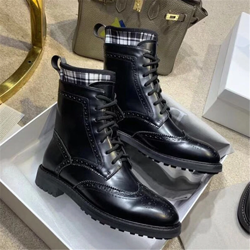 

Brand Desing Ankle Boots Women Cross-tied Winter Shoes Woman Black Leather Motorcycle Booties Lace Up Botas Mujer Invierno