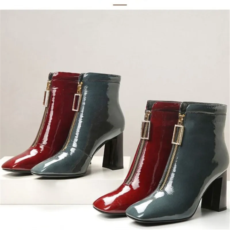 

Women Ankle Boots High Heel Leather Front Zipper Water Drill Short Boots Fashion Square Toe Sneakers Heel botas de mujer botines