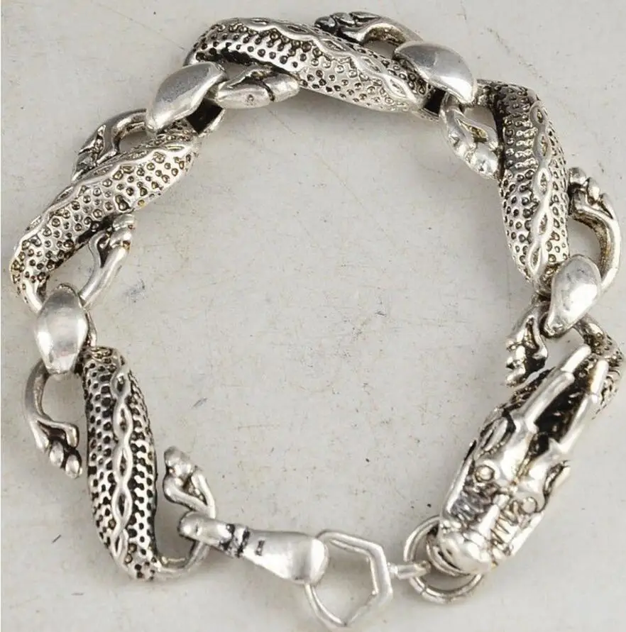 Free shipping Dragon Heard Tibet Silver Chinese Old Handwork Exorcism Bracelet