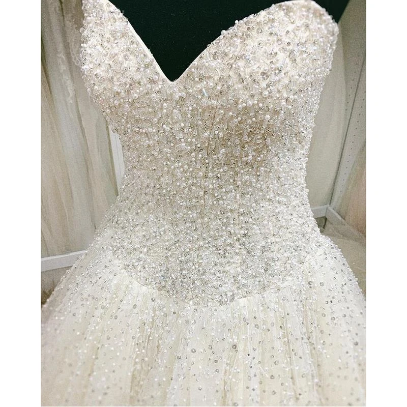 

Ivory Lace Tulle Beading Sweetheart A-Line Princess Wedding Dresses Chapel Train Strapless Sleeveless Custom Made