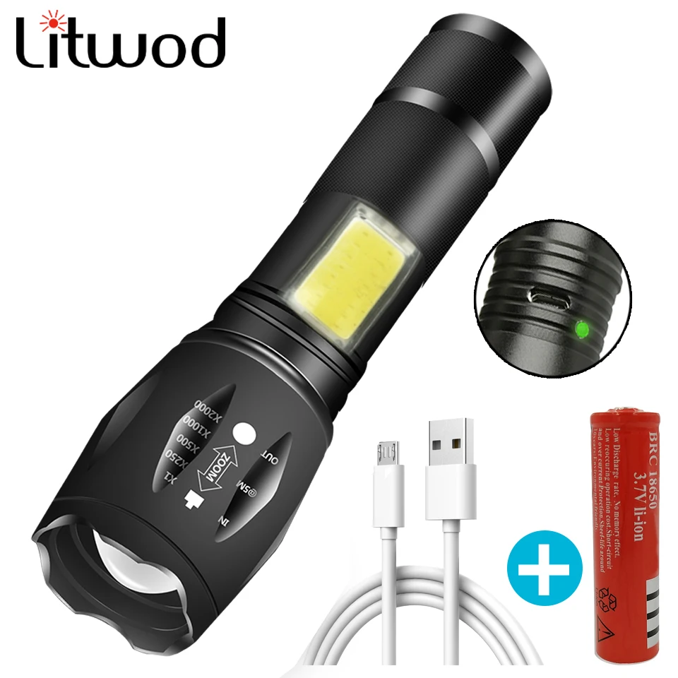 

Светодиодный фонарик XM-L T6 COB с аккумулятором 18650, алюминиевый фонарь с зумом, 4 режима, зарядка через USB, для кемпинга