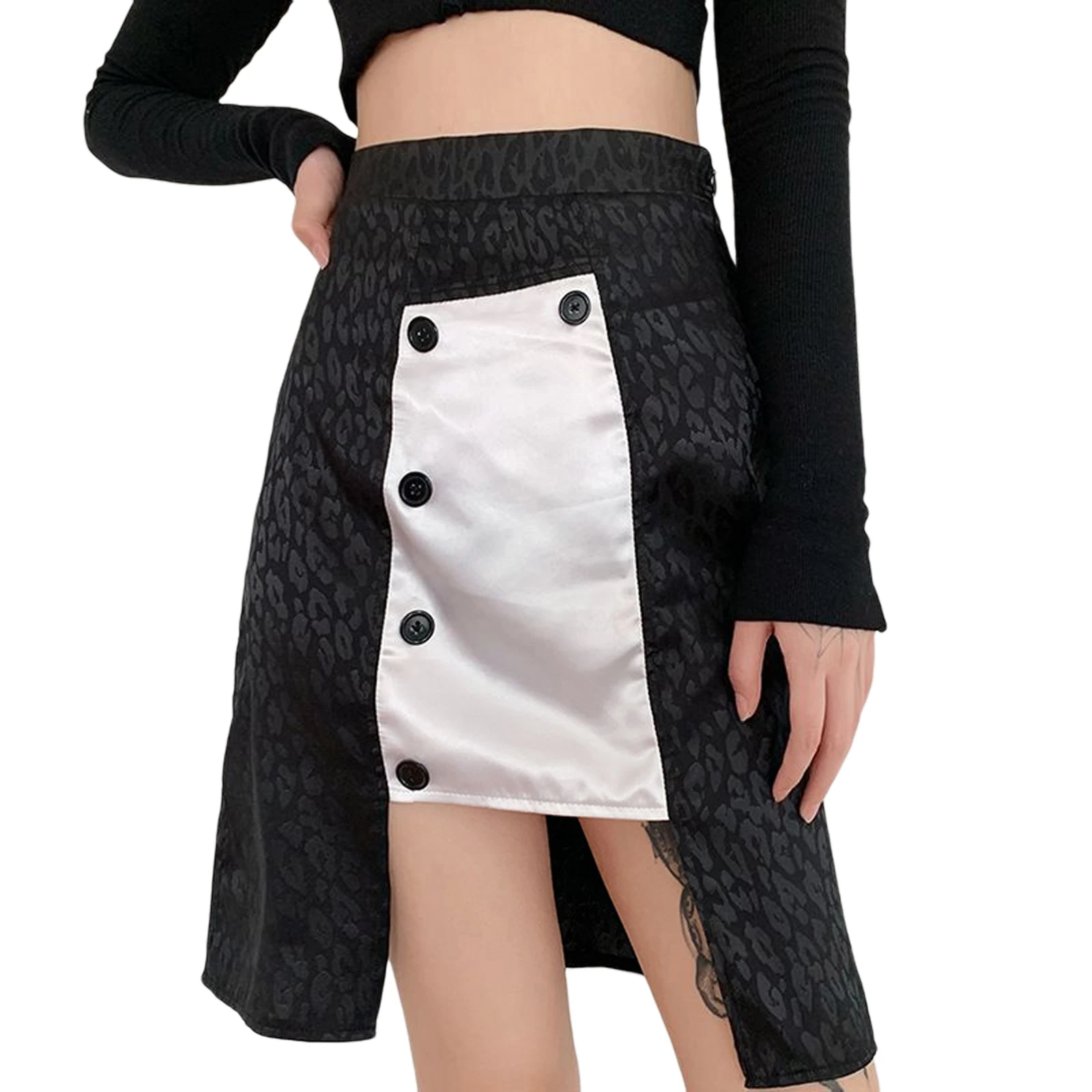

Women's Leopard Print Stitching Skirt, Slim Hip Button A-line Slim Mini Skirt, High Waist Short Dress