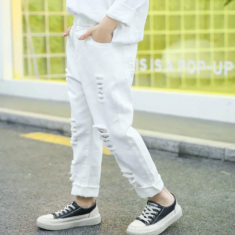 Рваные джинсы для девочек модные детские с белыми дырками одежда подростков 10 12