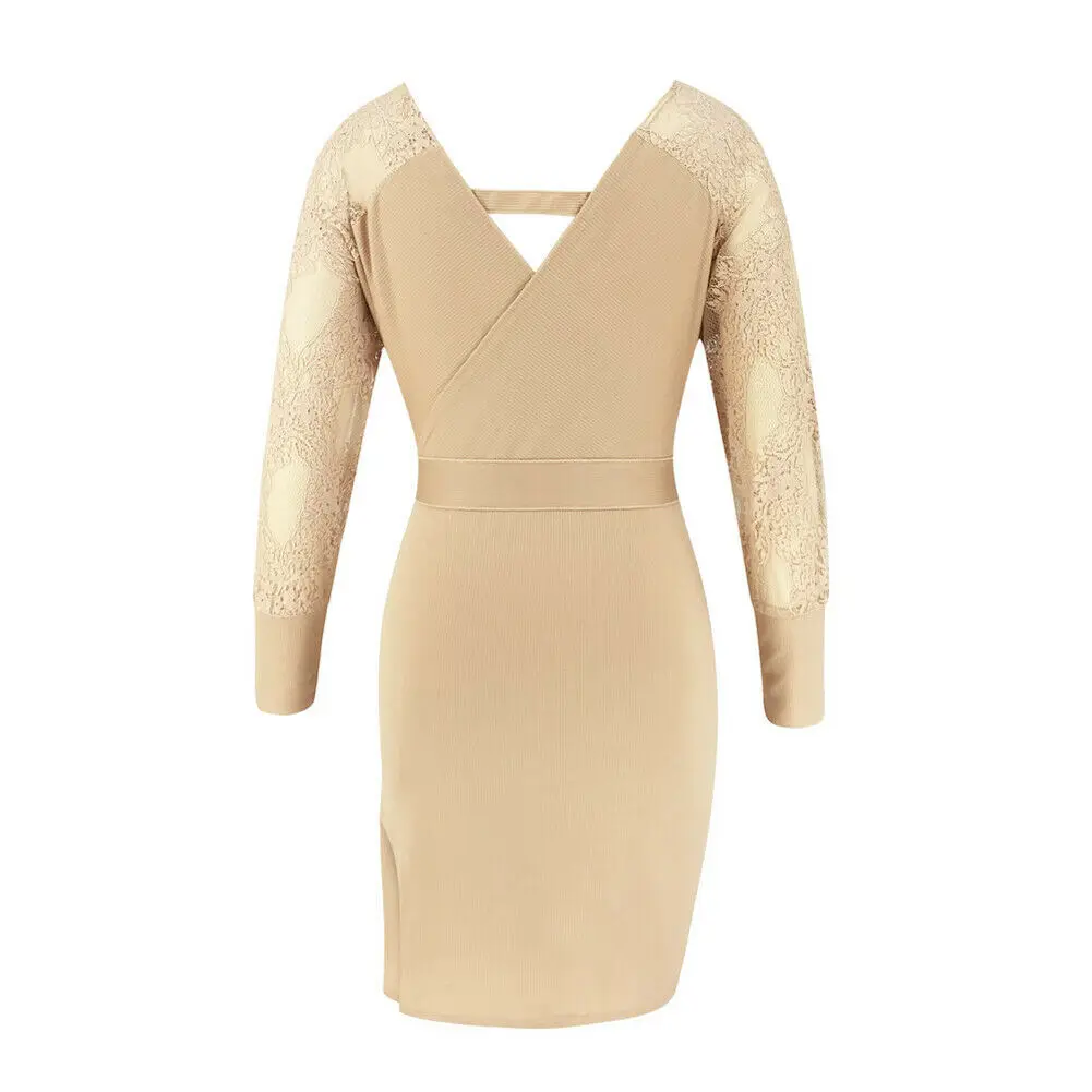 

Autumn New Solid Color Sexy Lace Open Back Dress Hollow Lace Waist Long Sleeve Women's A-line Skirt Office commuter V-neck dress
