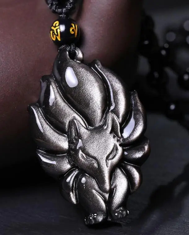 

Beautiful Natural Silver Obsidian Carved Chinese Cute Fox Dragon BaGua Lucky Pendant + Black Beads Necklace Charm Gift Jewelry