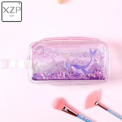 Purple Mermaid XZP мультфильм мечта розовый Девушки Русалка свинья цветок зыбучий песок масло косметички прозрачный пенал канцелярские принадлежности Лазерная макияж сумка - Цвет: Purple Mermaid