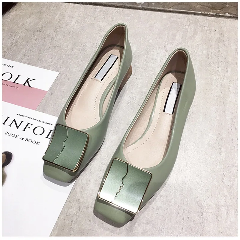 SUOJIALUN Luxury Women Spring Flat Shoes Square Toe Medium Heels Fashion Metal Boat Low Heels Shoes Women Dress Shoes