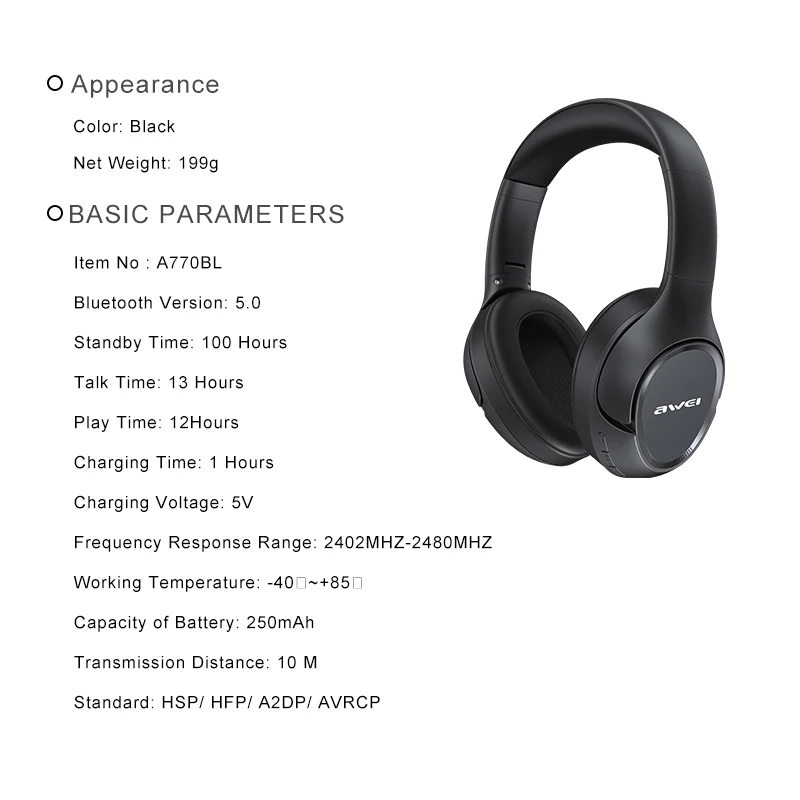 

awei A770BL Bluetooth Headphones Wireless Headset With Mic Foldable HiFi Stereo Support TF Card 40mm Driver For Gaming Music