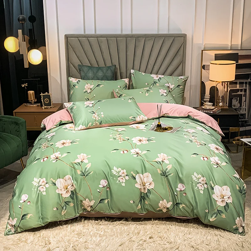 

Роскошный комплект постельного белья с зеленым цветочным принтом, мягкий шелковистый Двойной Комплект пододеяльников, постельное белье, п...