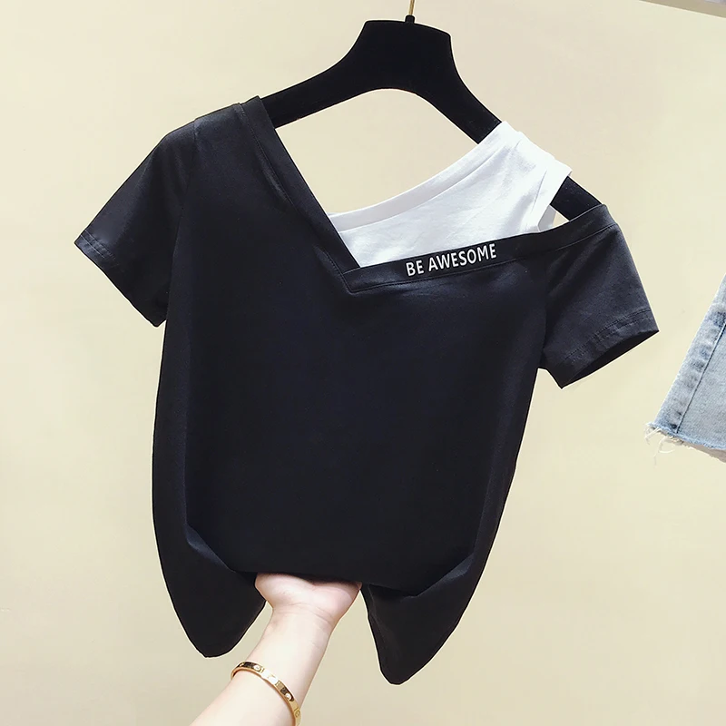 

100% Cotton T shirt Women V Neck Short Sleeve Woman Tshirt Cotton Pactwork Slim Korean Style Summer 2020 Tops Tee Shirt Femme