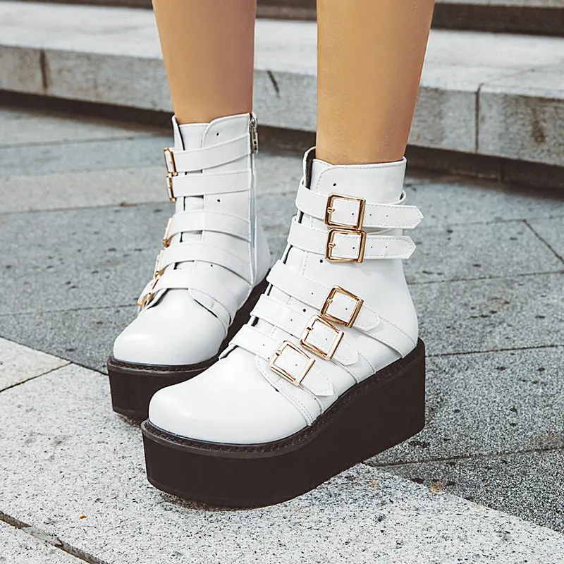 

Fashion Belt Buckle Women Boots Thick Bottom Ankle Boots Platform Chunky Heel Short Boots Autumn Winter Woman Shoes Size 34-43