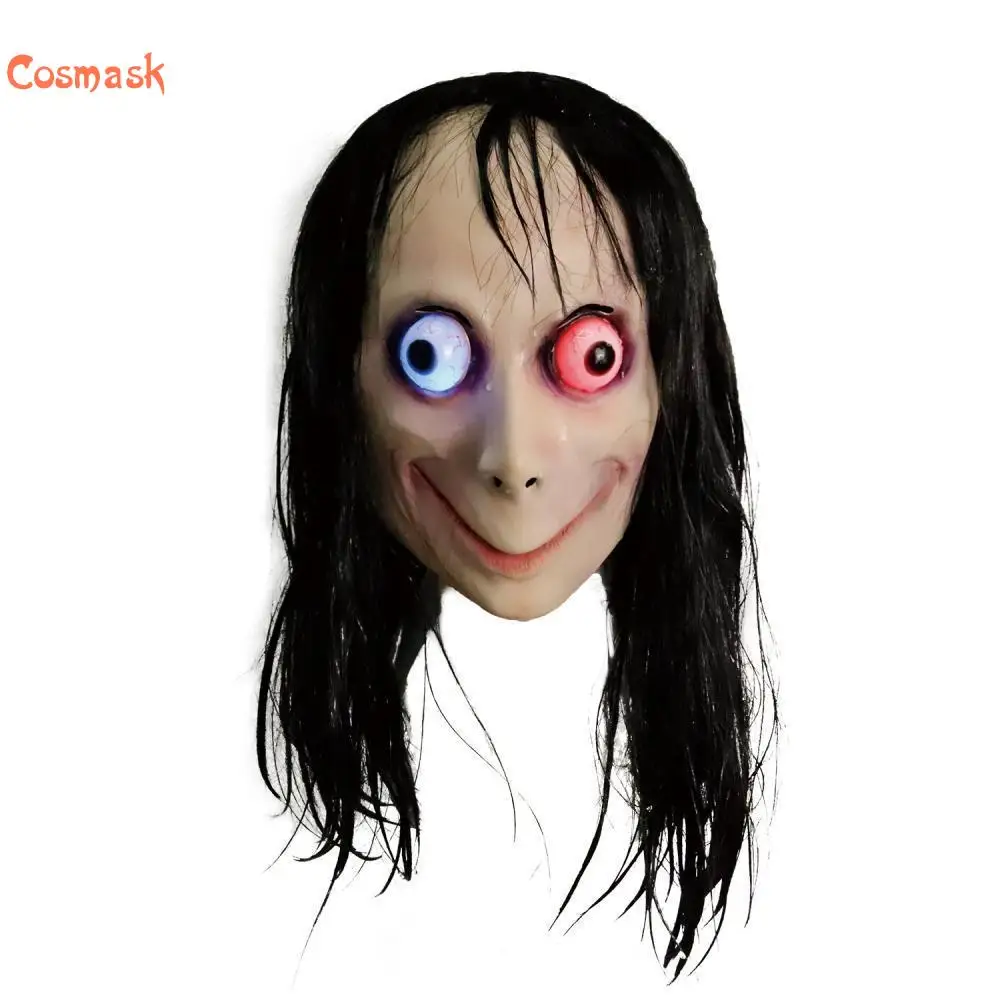

Cosmask LED Light MoMo Creepy Mask Scary Challenge Games Evil Latex Mask With Long Hair Halloween Costume Party Props