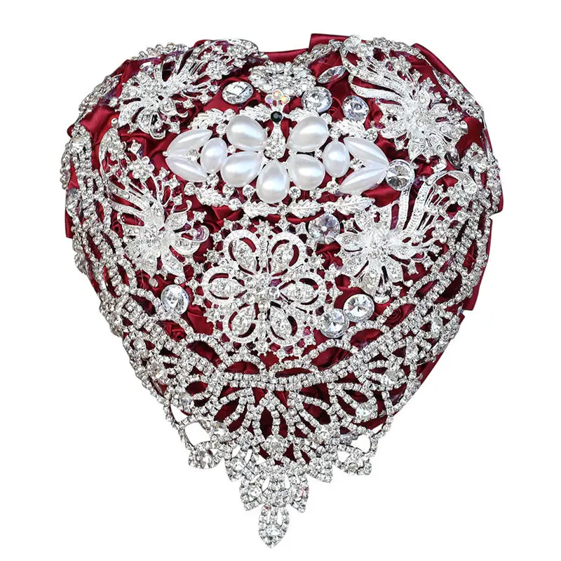 dark red 18 см Серебряный Роскошный горный хрусталь полный со стразами для невесты букеты в форме сердца для свадьбы букет из искусственных цветов Свадебные цветы W520 - Цвет: dark red