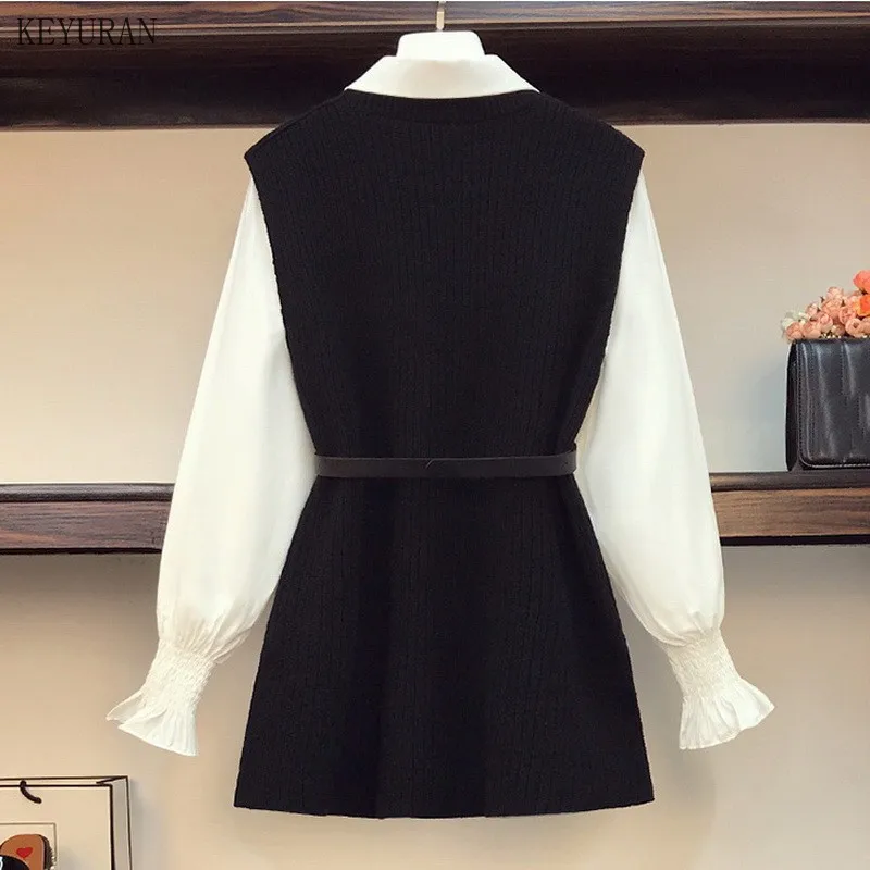 

Plus Size Knit Waistcoats Suit Women Belt Waist Sleeveless Knitted Vest + Solid Color Simple Single Breasted Shirts 2 Piece Set