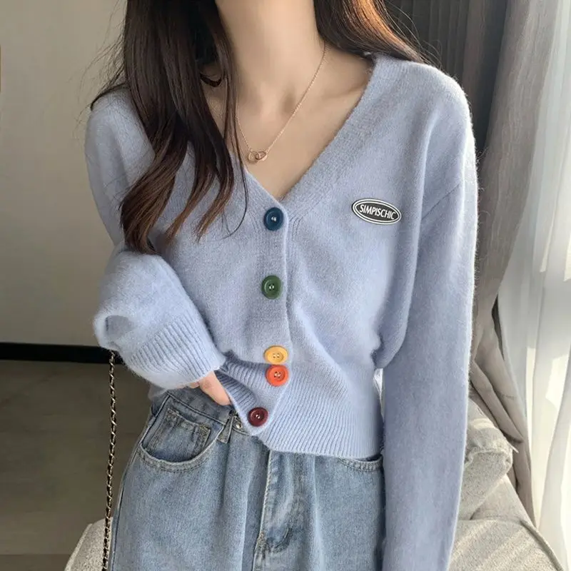 

2021Women New Soild V-Neck Blouse Long-Sleeved Spring Autumn Thin Slim Top Black Yellow Blue XL Cardigan Coat Sweater Knitwear