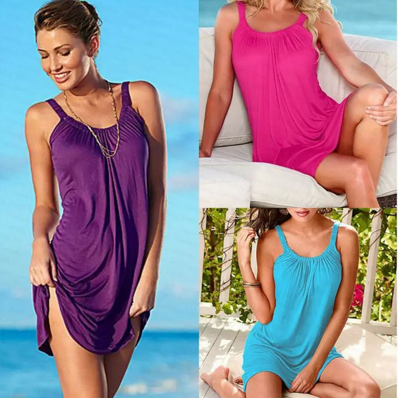 

2020 Summer Women Sleeveless O Neck Solid Color Beach Bathing Loose Casual Sexy Bikini Cover Ups Sundress Mini Dress
