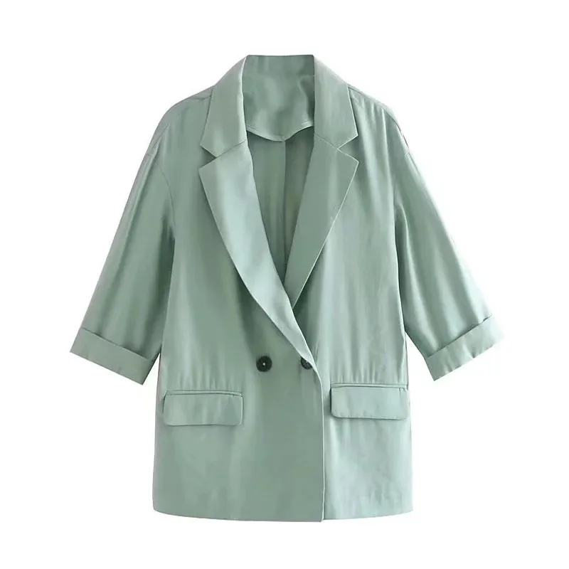 

Women 2021 za fashion Pleated three-quarter sleeve blazer vintage long sleeve flap pockets female outerwear chic veste femme