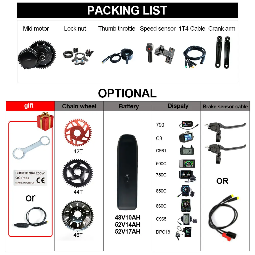 Комплект для электровелосипеда Bafang/8FUN BBSHD мотор среднего привода M615 48 В 10 Ач 52 в 14