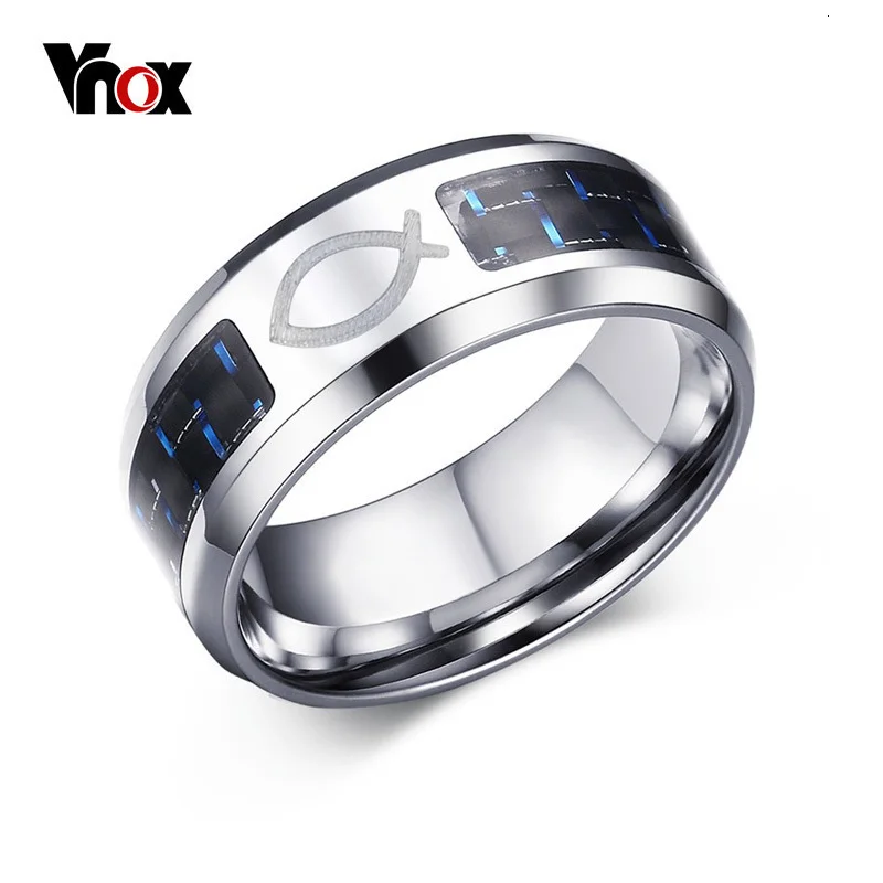 Vnox дропшиппинг 8 мм нержавеющая сталь Иисуса христианского кольца с рыбками для мужчин и женщин религиозная вера кольцо с голубым углеродным волокном