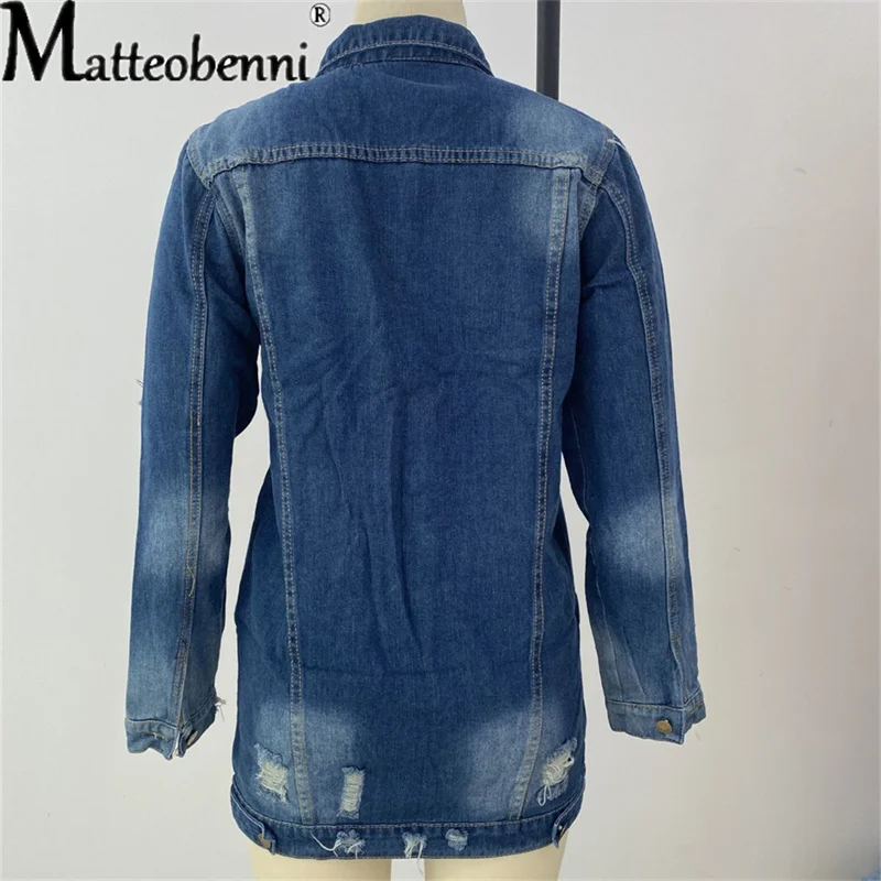 Женская джинсовая куртка с дырками свободная бойфренда из денима длинным