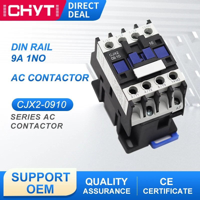 

CJX2-0910 LC1-D0910 AC Contactor 9A 3 Phase 3-Pole 380V 220V 110V 36V 24V 50/60Hz Din Rail Mounted 3P+1NO Normal Open