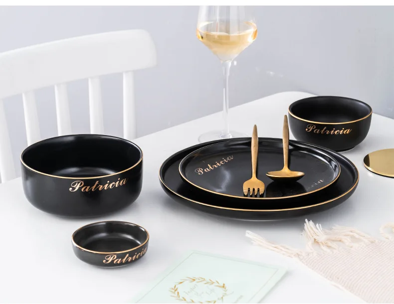 

Nordic Dinner Plate Set Soup Rice Bowl Steak Plate Spoon Housing Ceramic Bowl Saucers Black Phnom Penh Tableware Set