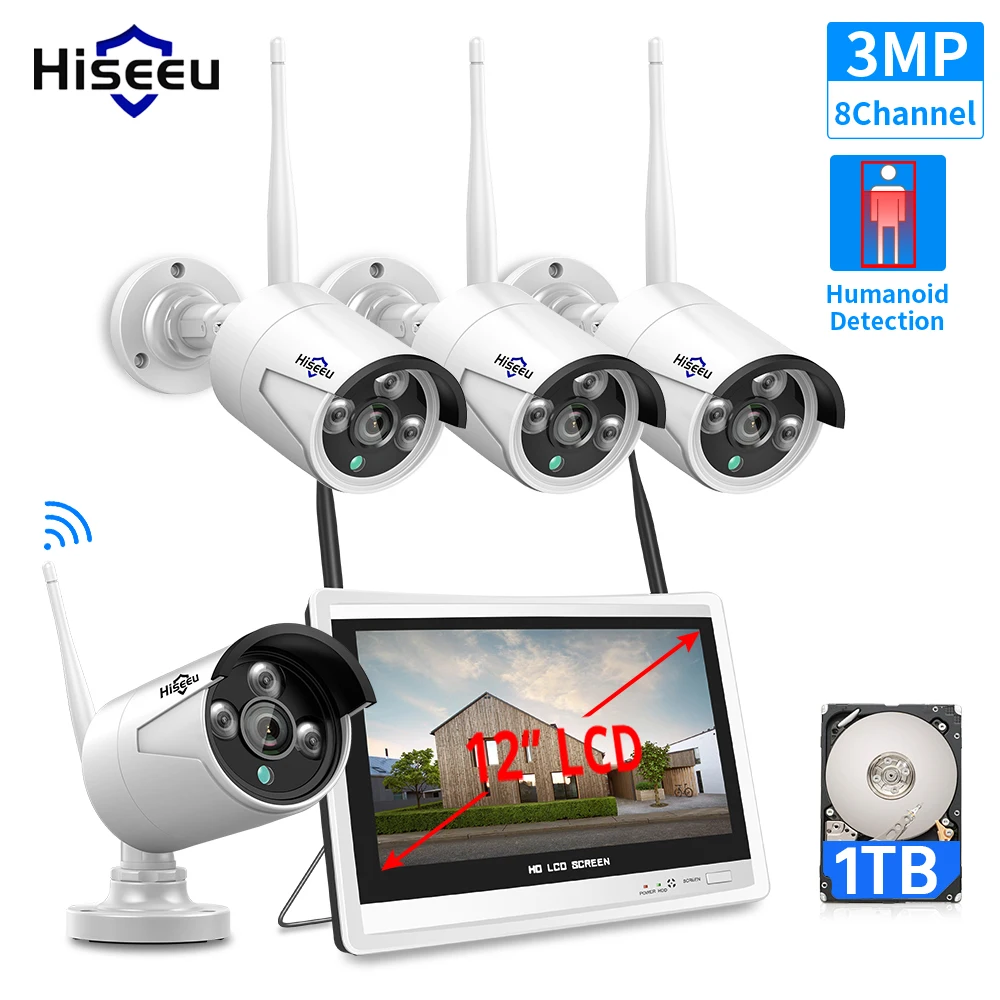Hiseeu 3MP 8CH беспроводные NVR наборы 12 дюймовый ЖК дисплей 1536P HD наружная IP камера
