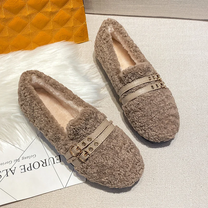 Belt Strap Fur Ballerina Shoes Woman Winter Thicken Fur Flats Real Lambsfur Moccasins Ladies Girl Comfy Creepers Short Fur Boots