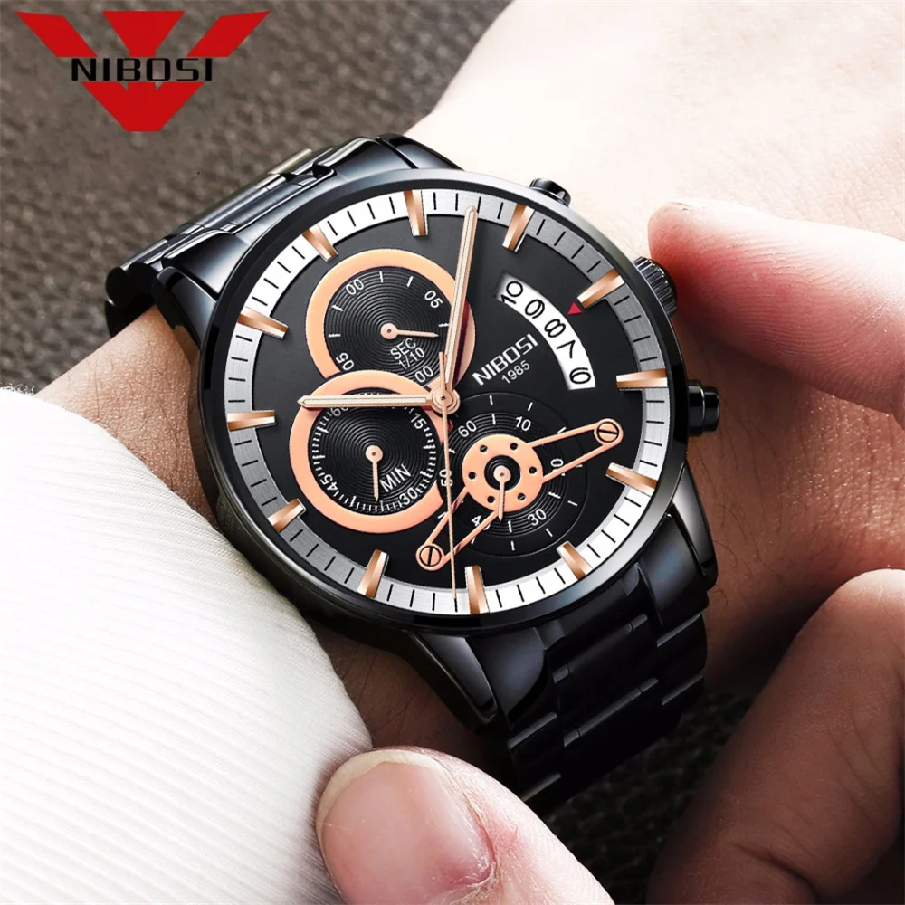 

NIBOSI Mens Watches Top Brand Luxury Men Military Sport Wristwatch Stainless Steel Chronograph Quartz Watch Men Relogio Masculin