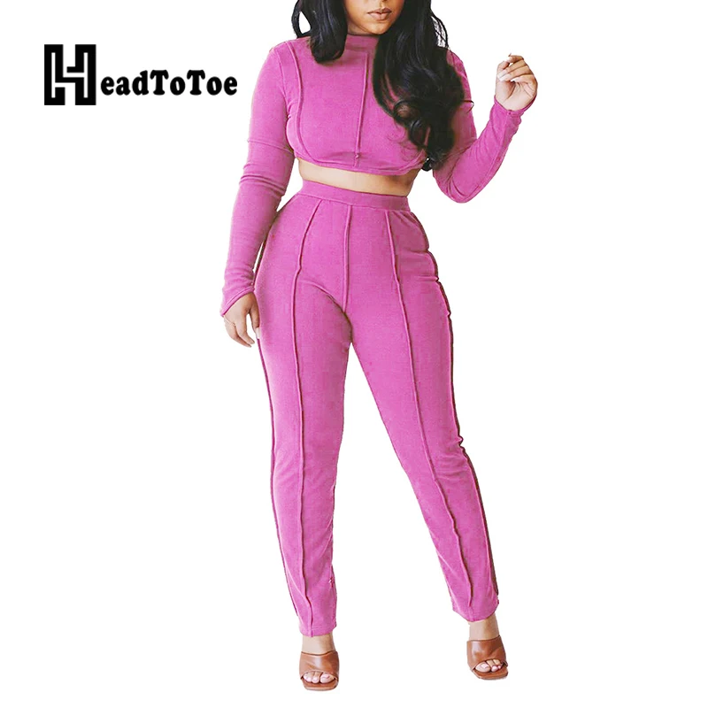 

Solid Casual Basic Two Piece Outfits Woman Full Sleeve O Neck Navel Slim Pleated 2 Piece Set Women