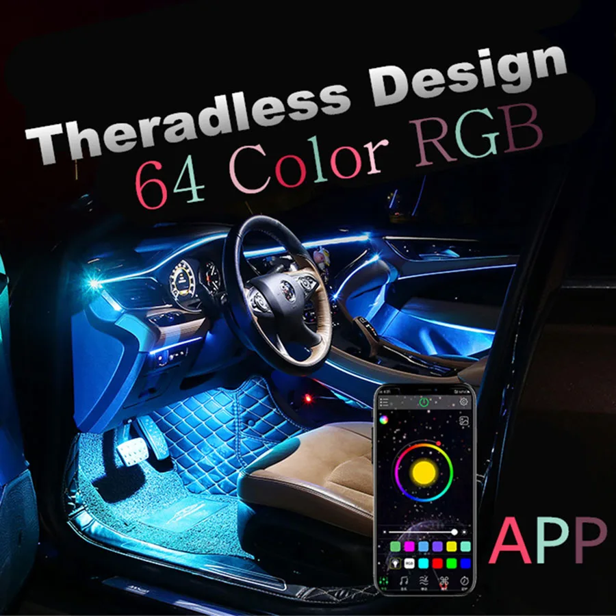 9Pcs Car LED Interior Decorative Light Ambient Light Foot lamp 64 Colors APP Control DIY Soft Reset Optic Fiber Band