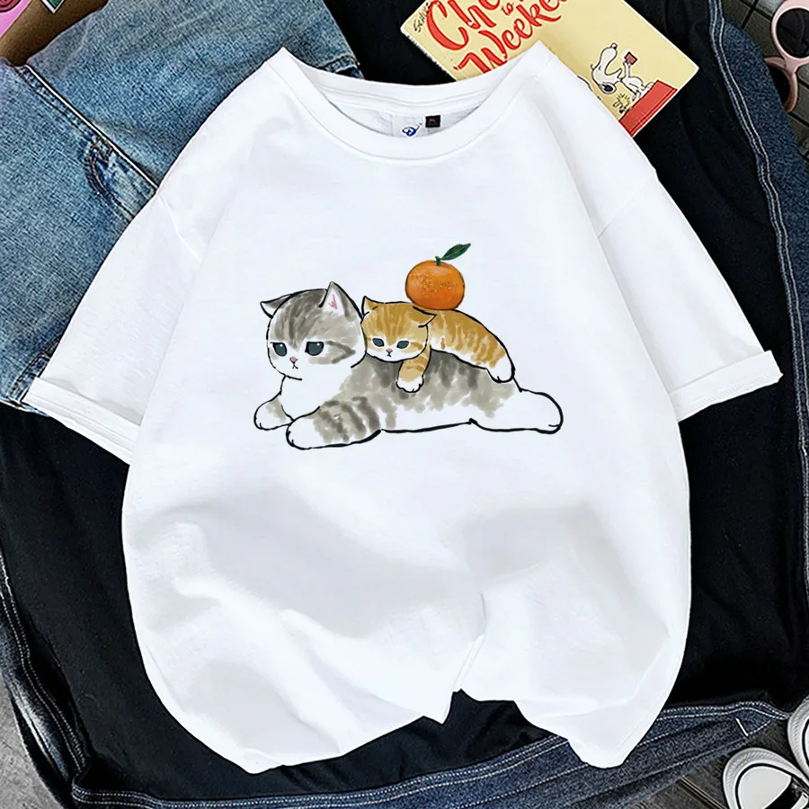 Kawaii Cat Shark Женская забавная Футболка с принтом животных Y2K Модные топы 90-х футболка