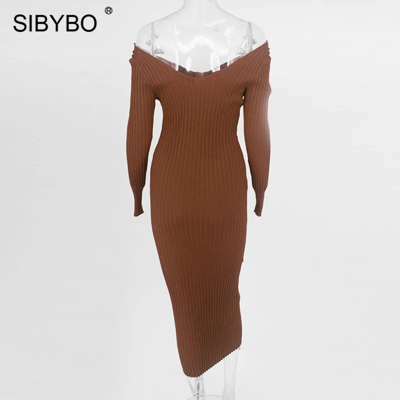 SIBYBO, зимнее трикотажное хлопковое платье в рубчик, женское сексуальное облегающее платье с открытыми плечами и длинным рукавом, однотонные вечерние платья с открытой спиной