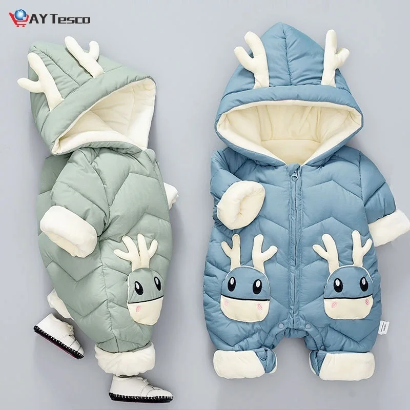 Thick Warm Infant Baby Jumpsuit Hooded Inside Fleece Boy Girl Winter Autumn Overalls Children Outerwear Kids Snowsuit Rompers  - buy with discount
