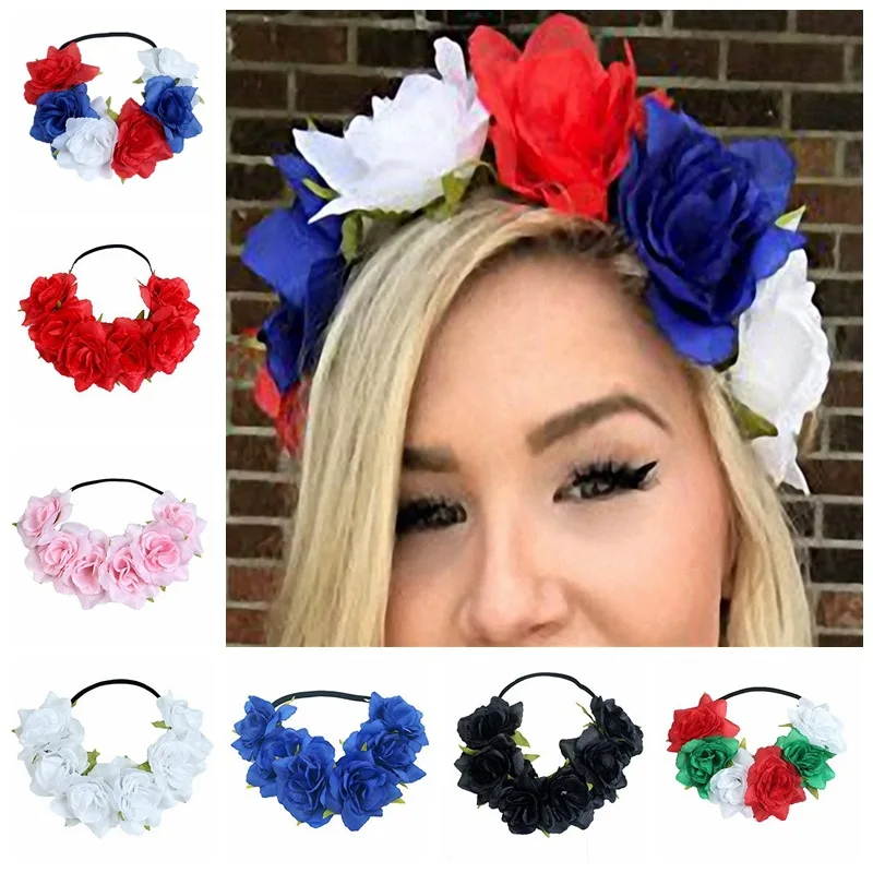 

New 6 Imitation Flower Fans Headdress Brides Holiday Elastic Hair with National Flag Color Independent Day Wreath