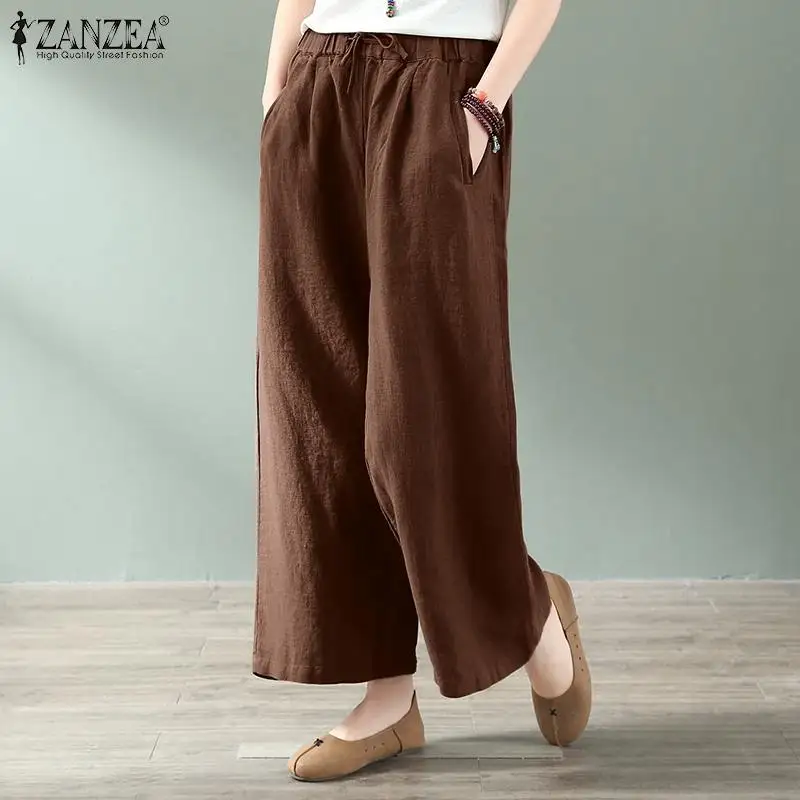 

ZANZEA Autumn Stylish Palazzo Women Cotton Work Pantalon Femme Overalls Wide Leg Trouser 2021 Casual Elastic Waist Pant Oversize