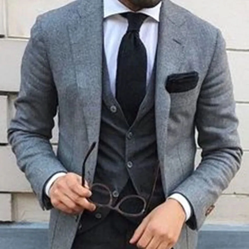 

Spring/Autumn Grey Men Suits Tailor-Made Tweed Wool&Blends Thich Blazers Slim Fit Wedding Tuxedos 3 Pieces Costume Homme Dress
