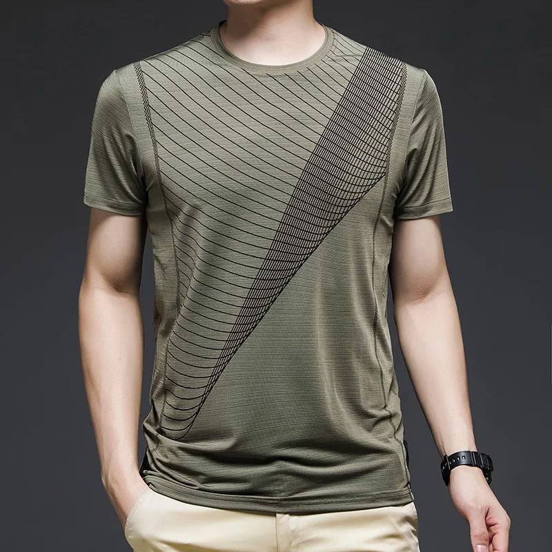 

Stretch ice silk T-shirt summer Korean fashion men's breathable sports Short Sleeve Striped crew neck loose and handsome