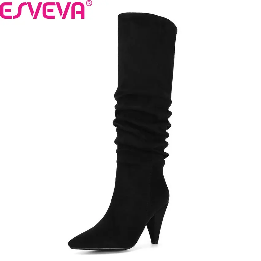 

ESVEVA 2020 Women Shoes Knee High Boots Pointed Toe High Heel Elegant Slip On Casual Fashion Solid All Match Boot Size 34-43