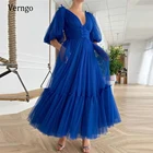 Verngo 2021 Королевский синий горошек тюль выпускного платья с карманами с пышными рукавами V-образным вырезом чай Длина винтажные Формальные Вечерние платья