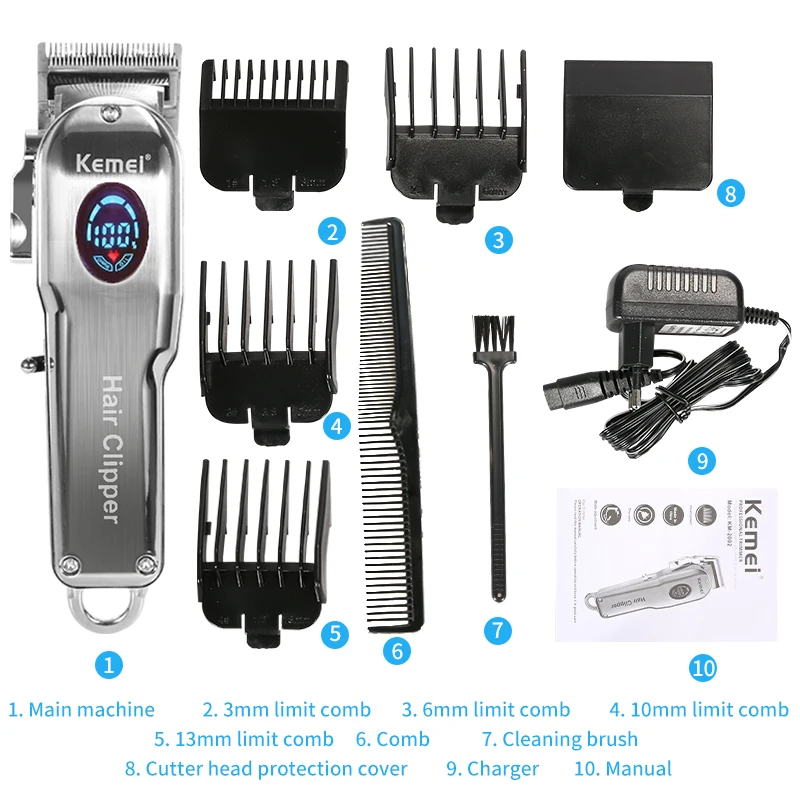 

Kemei-2002 Professional Hair Clipper Rechargeable Beard Trimmer Men Electric Hair Cutting Machine LCD Display Clipper For Barber