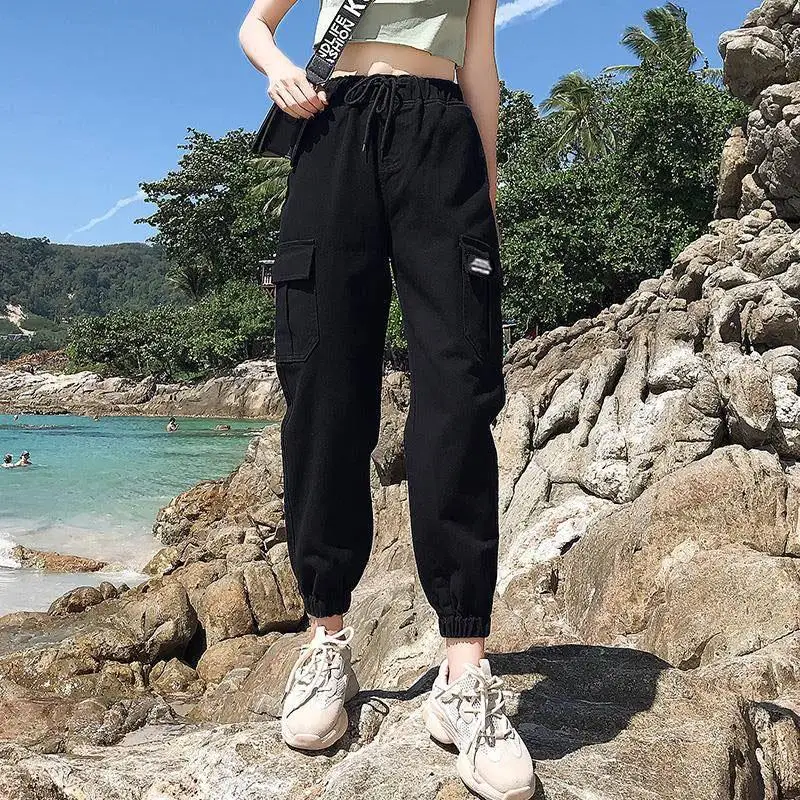 Горячие большие штаны карго с карманами женские свободные повседневные высокой
