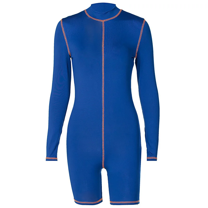 

Women Jumpsuits Solid Color Splicing Sports Fitness Jumpsuit Playsuit Sexy Half-High Collar Long Sleeve Bodycon Leotard Playsuit