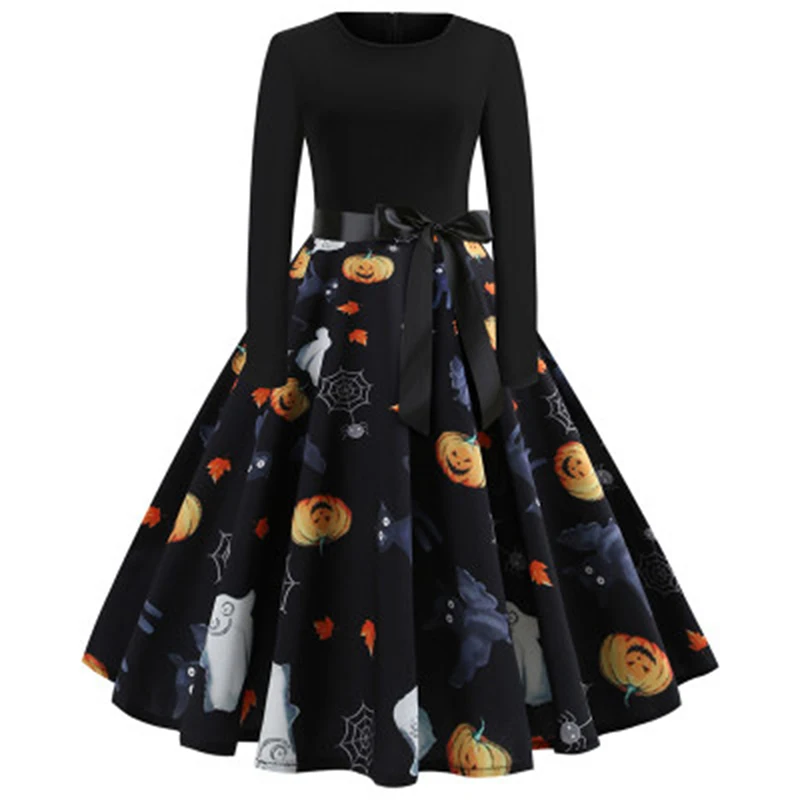 

Vintage Dresses Women Long Sleeve Elegant Pumpkins Housewife Musical Notes Print Halloween Prom Costume Swing Party Dress