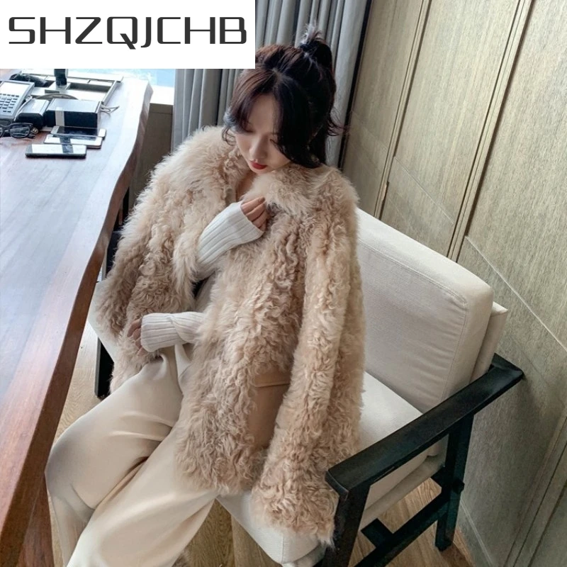 

JCHB 2021 Elegant Ladies Luxury Real Fur Jacket Women Short Curly Natural Wool Coat Natural Shearling Spliced Sheepskin Leather